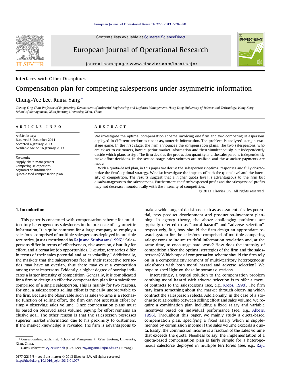 Compensation plan for competing salespersons under asymmetric information