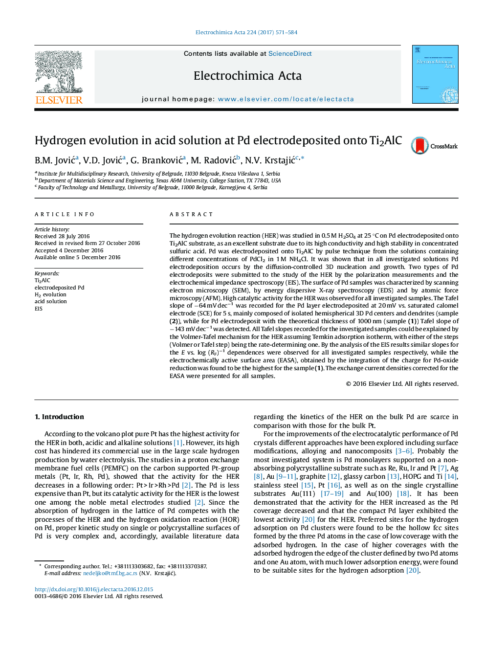 Hydrogen evolution in acid solution at Pd electrodeposited onto Ti2AlC