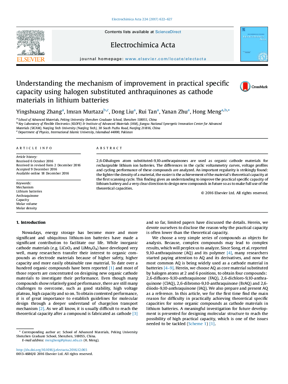 Understanding the mechanism of improvement in practical specific capacity using halogen substituted anthraquinones as cathode materials in lithium batteries