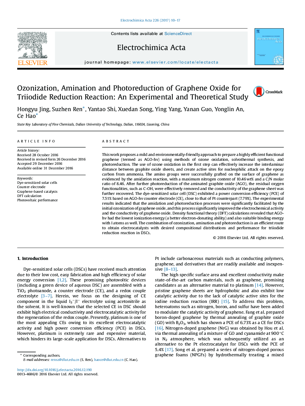 Ozonization, Amination and Photoreduction of Graphene Oxide for Triiodide Reduction Reaction: An Experimental and Theoretical Study