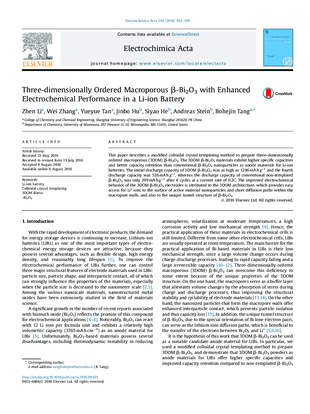 Three-dimensionally Ordered Macroporous Î²-Bi2O3 with Enhanced Electrochemical Performance in a Li-ion Battery