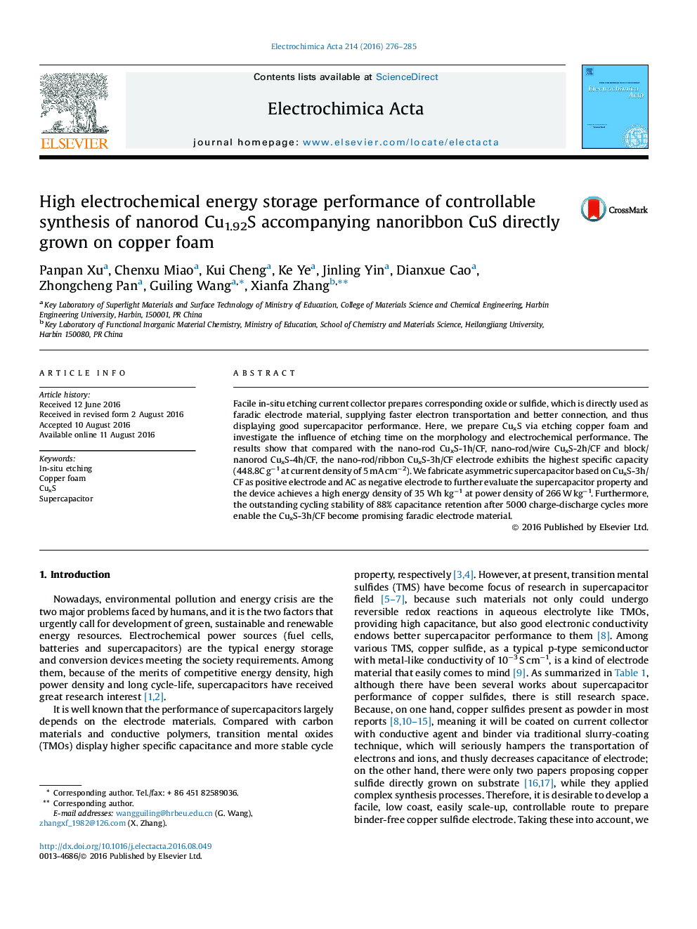 عکس صفحه اول مقاله: High electrochemical energy storage performance of controllable synthesis of nanorod Cu1.92S accompanying nanoribbon CuS directly grown on copper foam High electrochemical energy storage performance of controllable synthesis of nanorod Cu1.92S accompanying nanoribbon CuS directly grown on copper foam