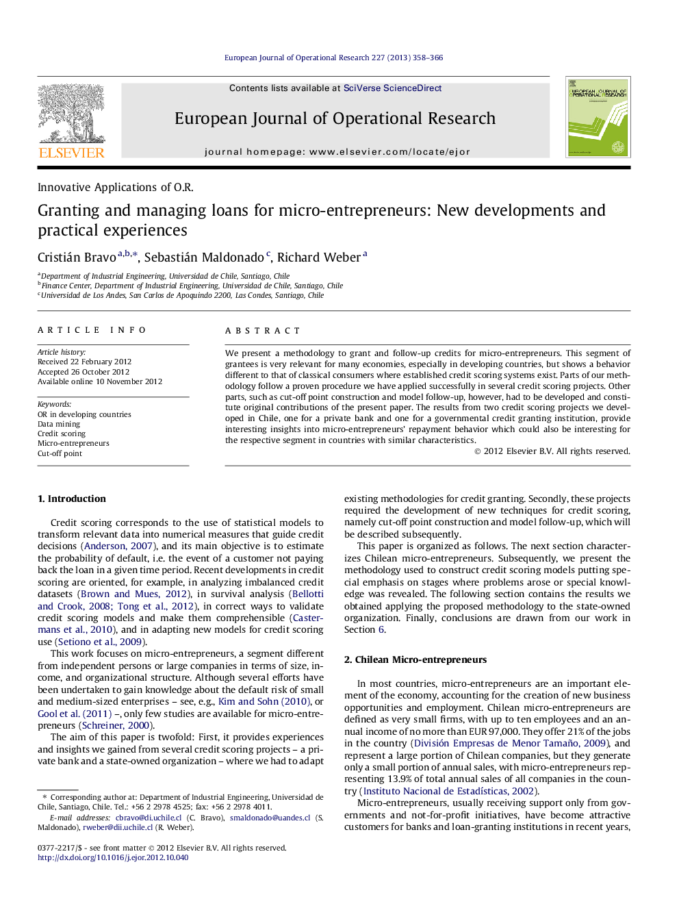 Granting and managing loans for micro-entrepreneurs: New developments and practical experiences