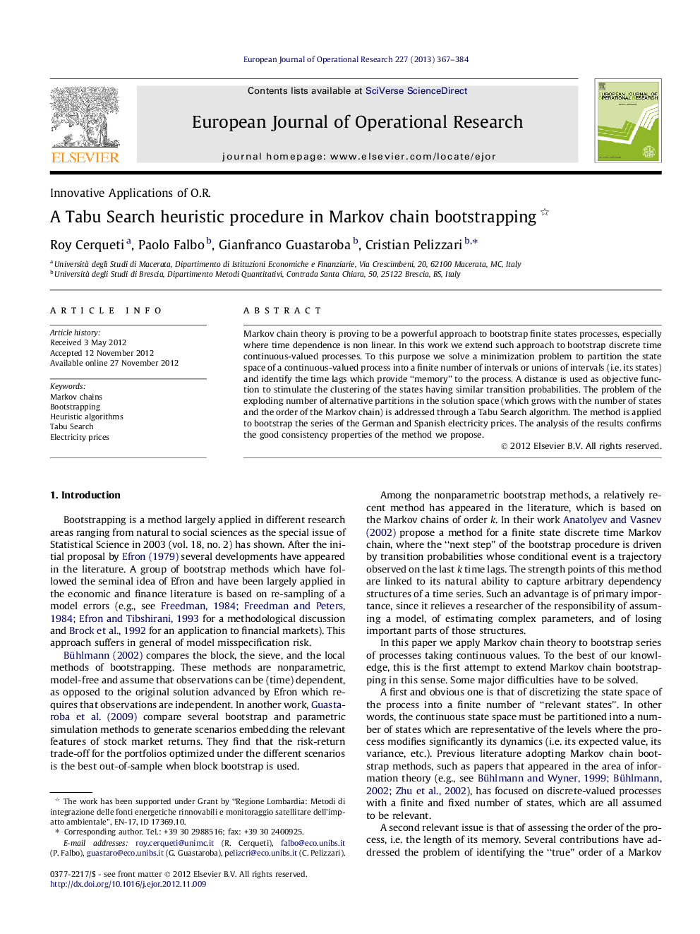 A Tabu Search heuristic procedure in Markov chain bootstrapping 