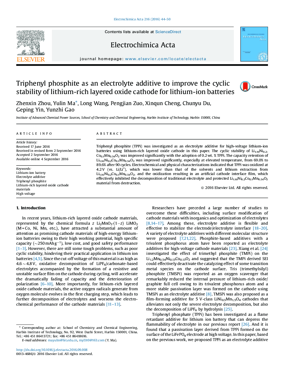 Triphenyl phosphite as an electrolyte additive to improve the cyclic stability of lithium-rich layered oxide cathode for lithium-ion batteries