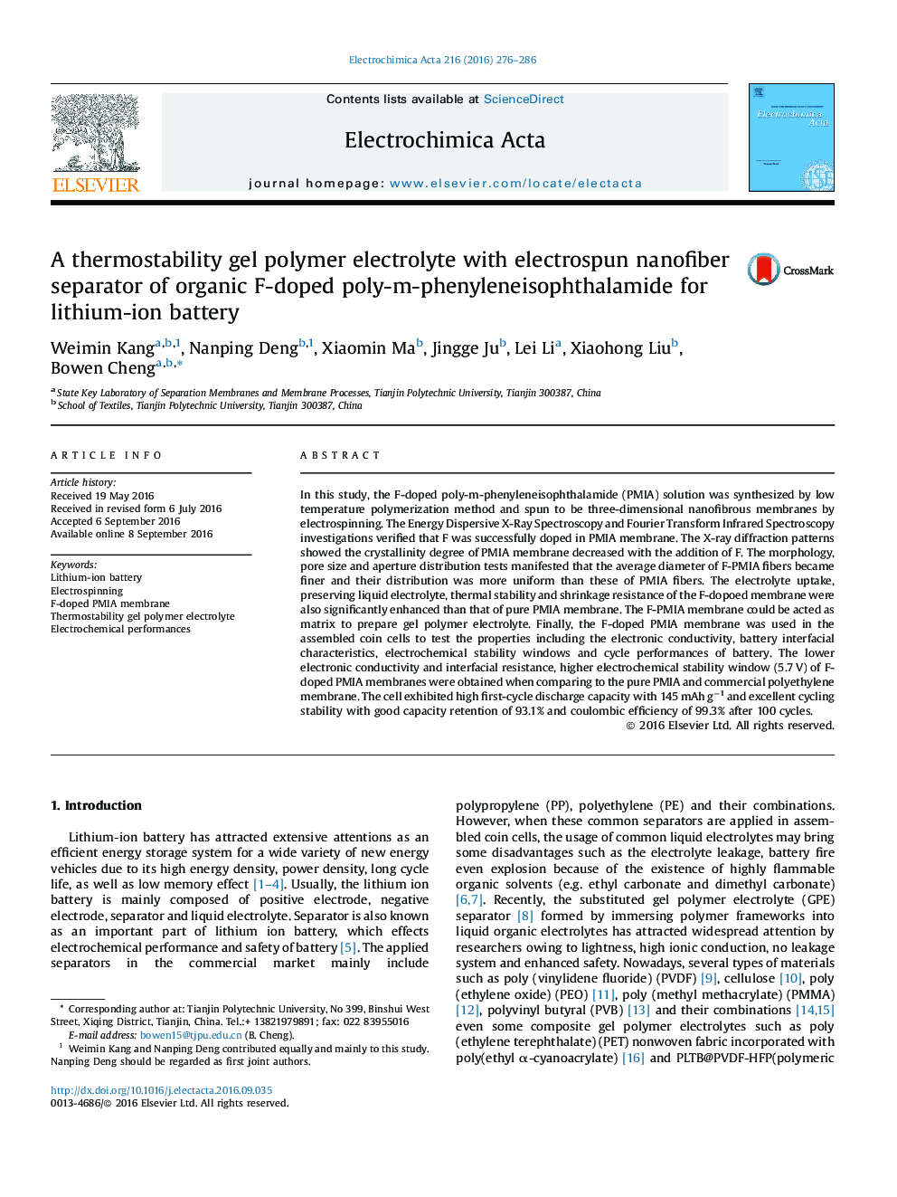 A thermostability gel polymer electrolyte with electrospun nanofiber separator of organic F-doped poly-m-phenyleneisophthalamide for lithium-ion battery