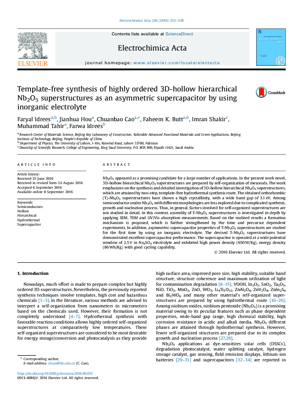 Template-free synthesis of highly ordered 3D-hollow hierarchical Nb2O5 superstructures as an asymmetric supercapacitor by using inorganic electrolyte