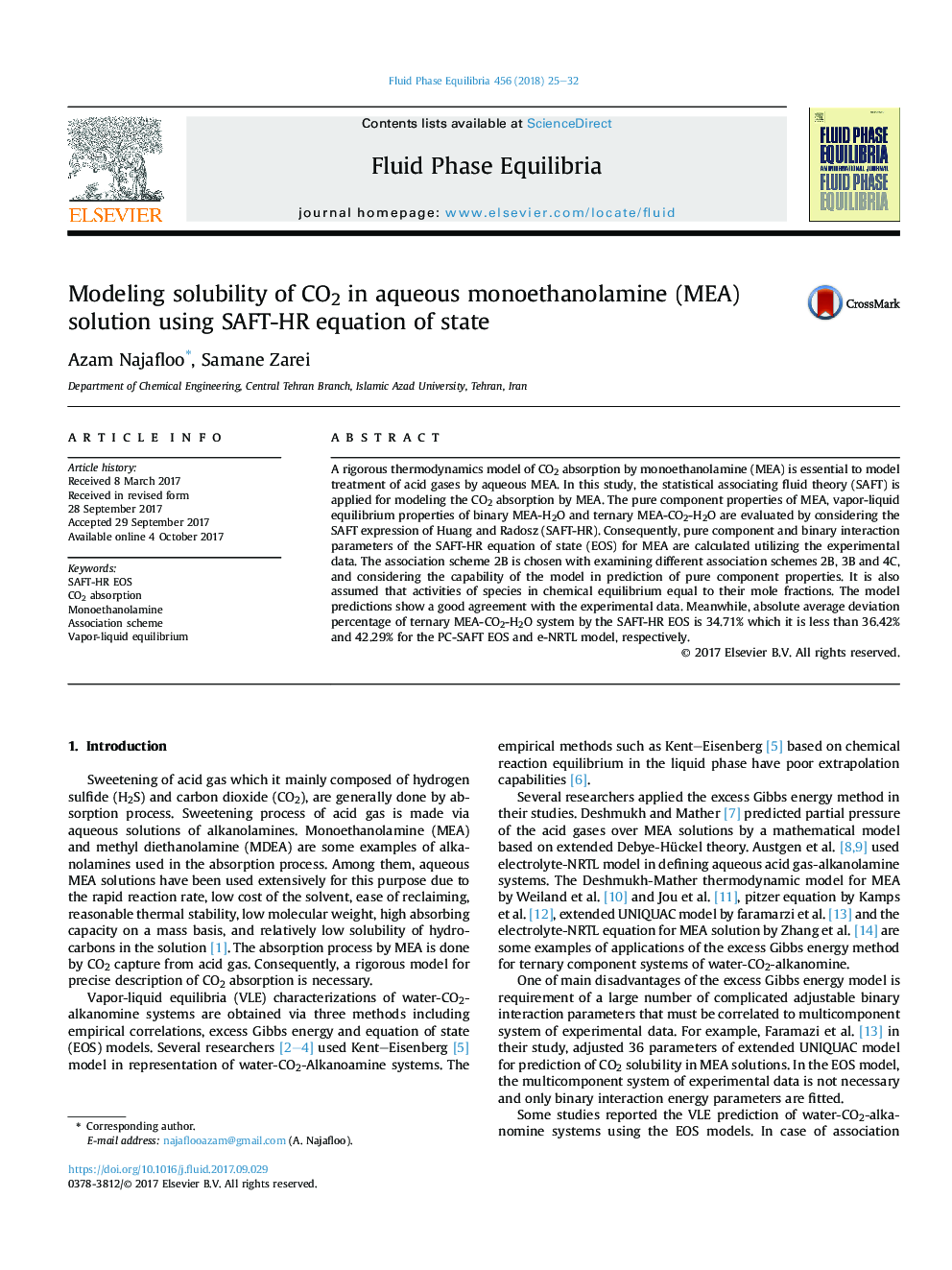 Modeling solubility of CO2 in aqueous monoethanolamine (MEA) solution using SAFT-HR equation of state