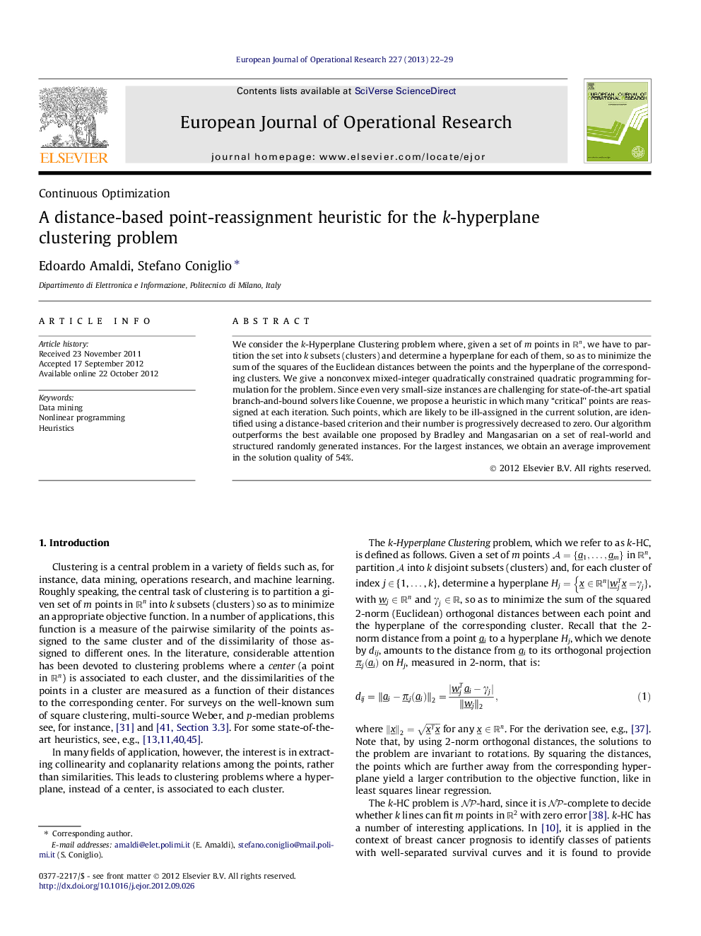 A distance-based point-reassignment heuristic for the k-hyperplane clustering problem