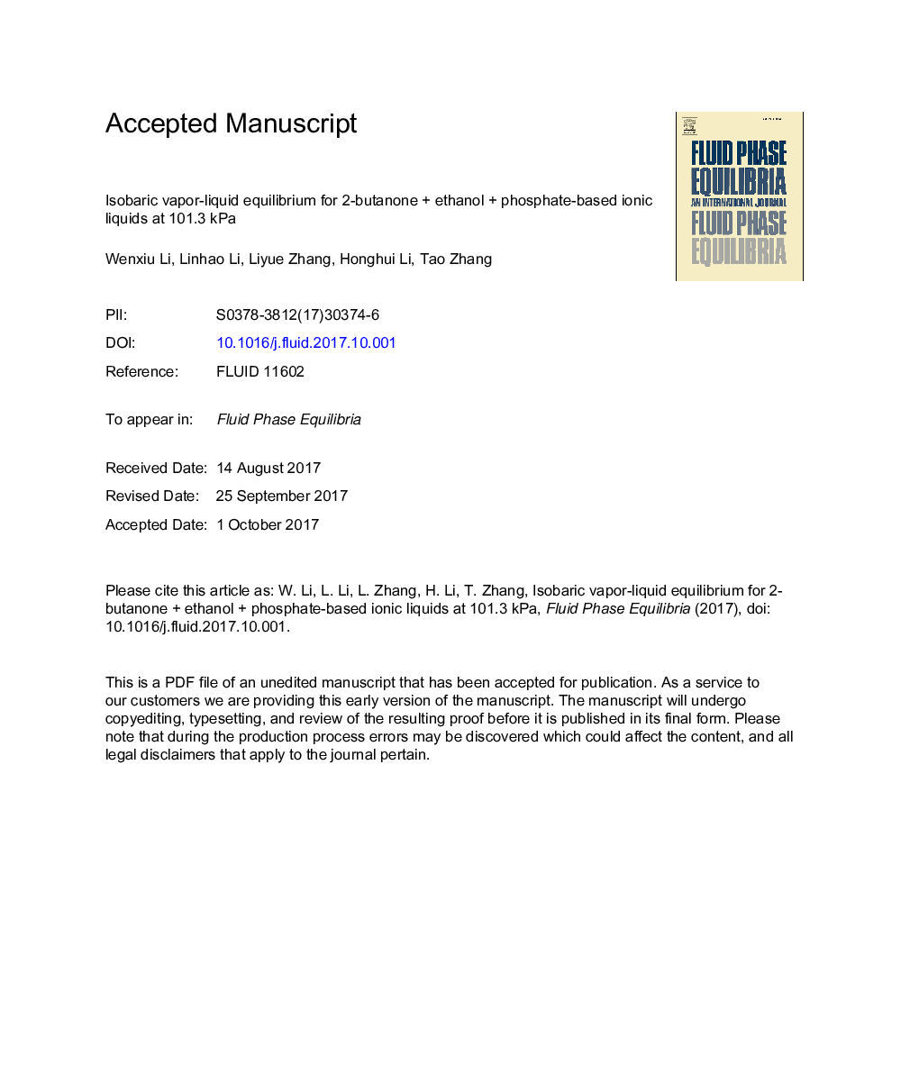 Isobaric vapor-liquid equilibrium for 2-butanoneÂ + ethanolÂ + phosphate-based ionic liquids at 101.3Â kPa