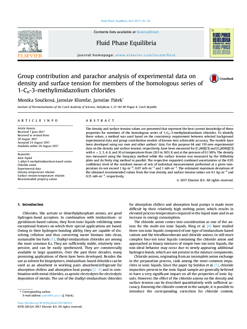 عکس صفحه اول مقاله: Group contribution and parachor analysis of experimental data on density and surface tension for members of the homologous series of 1-Cn-3-methylimidazolium chlorides Group contribution and parachor analysis of experimental data on density and surface tension for members of the homologous series of 1-Cn-3-methylimidazolium chlorides