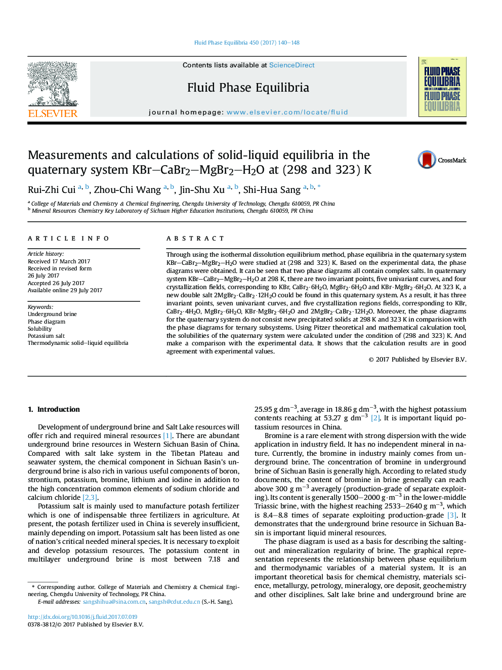 Measurements and calculations of solid-liquid equilibria in the quaternary system KBr-CaBr2-MgBr2-H2O at (298 and 323) K