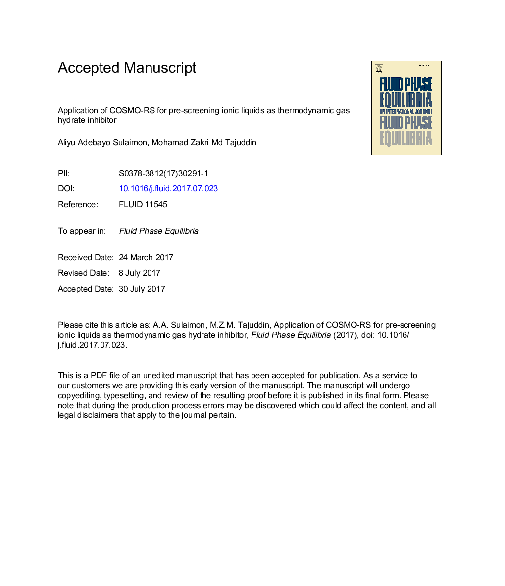 Application of COSMO-RS for pre-screening ionic liquids as thermodynamic gas hydrate inhibitor