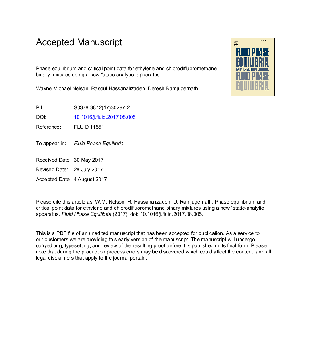 Phase equilibrium and critical point data for ethylene and chlorodifluoromethane binary mixtures using a new “static-analytic” apparatus