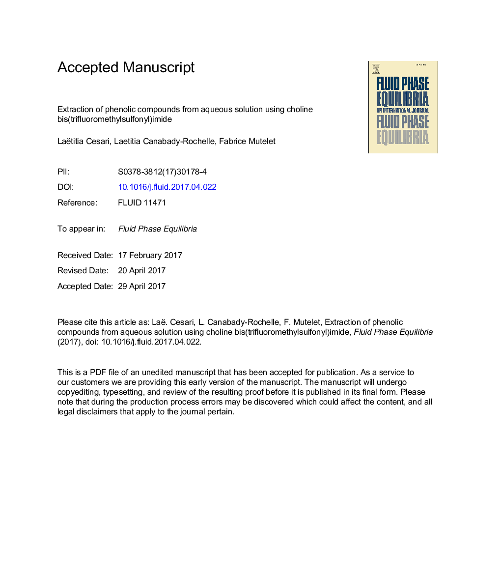 Extraction of phenolic compounds from aqueous solution using choline bis(trifluoromethylsulfonyl)imide