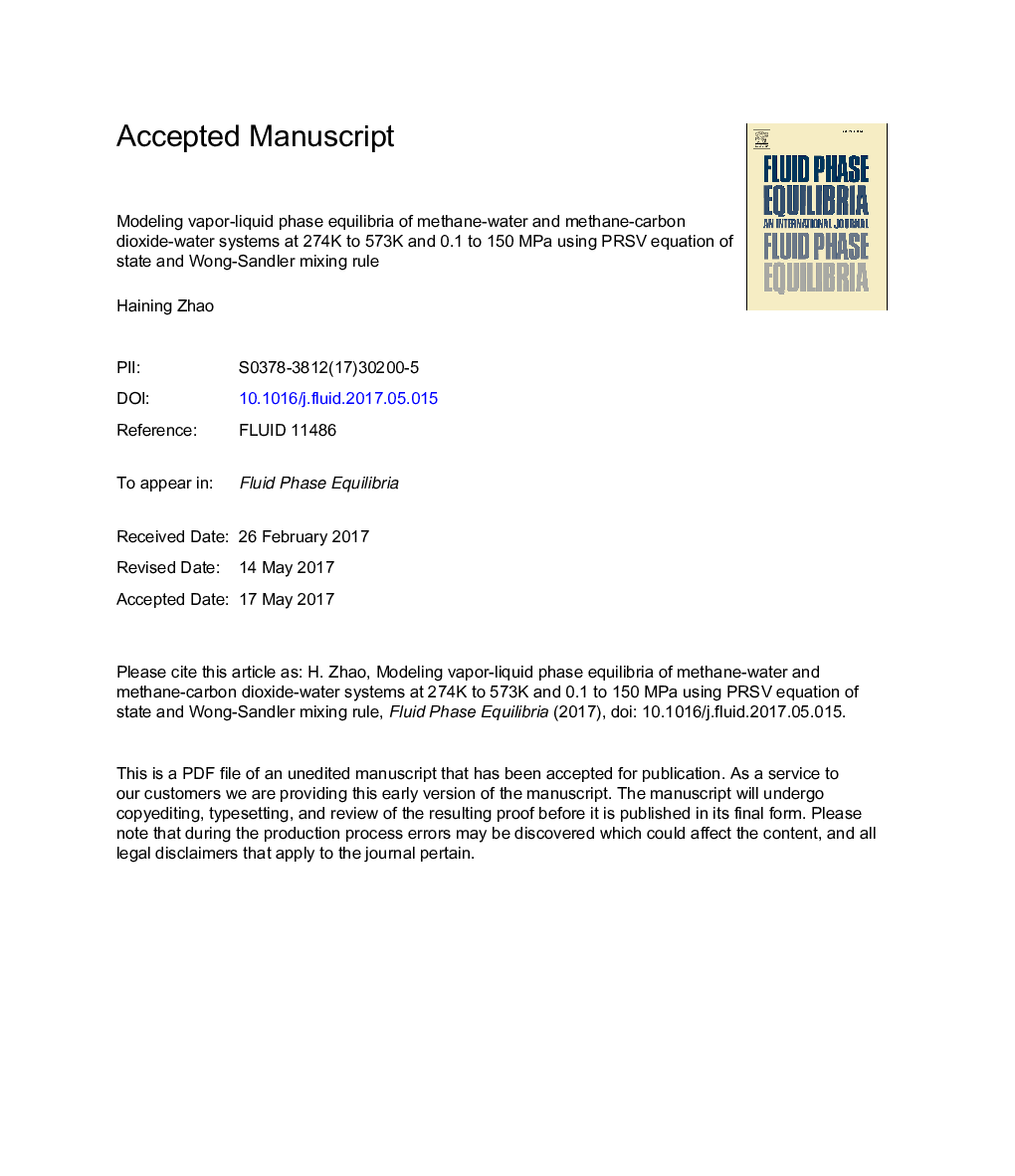 Modeling vapor-liquid phase equilibria of methane-water and methane-carbon dioxide-water systems at 274K to 573K and 0.1 to 150Â MPa using PRSV equation of state and Wong-Sandler mixing rule