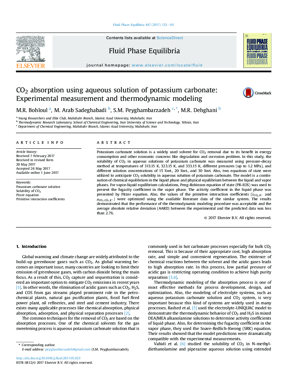عکس صفحه اول مقاله: CO2 absorption using aqueous solution of potassium carbonate: Experimental measurement and thermodynamic modeling CO2 absorption using aqueous solution of potassium carbonate: Experimental measurement and thermodynamic modeling