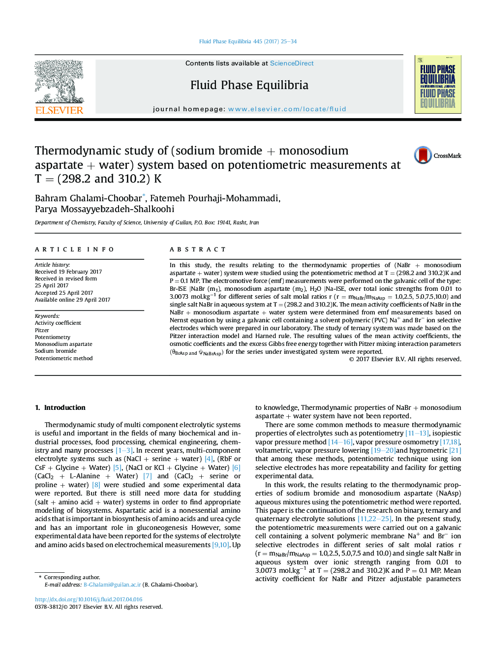 Thermodynamic study of (sodium bromideÂ +Â monosodium aspartateÂ +Â water) system based on potentiometric measurements at T = (298.2 and 310.2) K