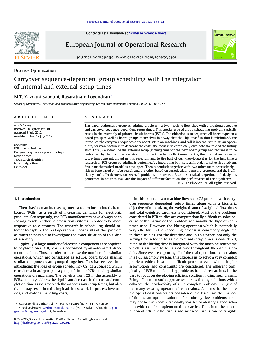 Carryover sequence-dependent group scheduling with the integration of internal and external setup times