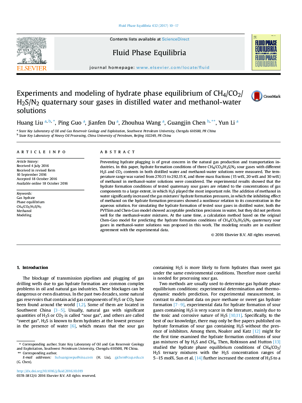 Experiments and modeling of hydrate phase equilibrium of CH4/CO2/H2S/N2 quaternary sour gases in distilled water and methanol-water solutions