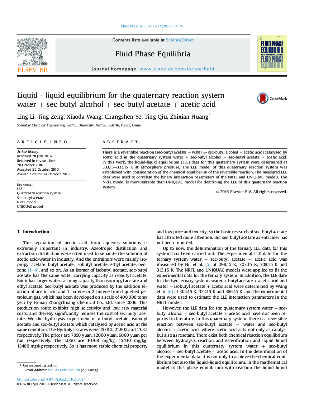 Liquid - liquid equilibrium for the quaternary reaction system waterÂ +Â sec-butyl alcoholÂ +Â sec-butyl acetateÂ +Â acetic acid