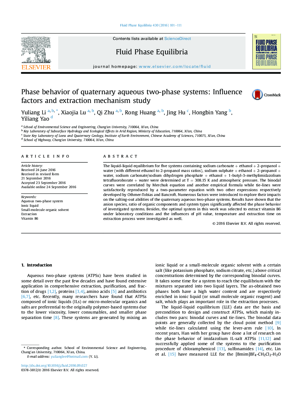 Phase behavior of quaternary aqueous two-phase systems: Influence factors and extraction mechanism study