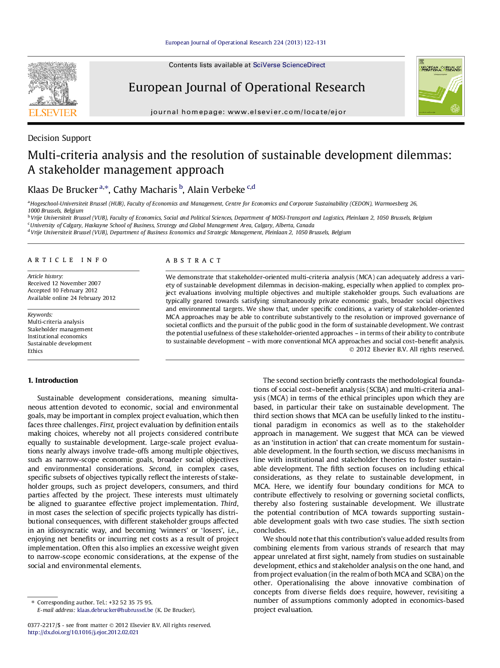 Multi-criteria analysis and the resolution of sustainable development dilemmas: A stakeholder management approach