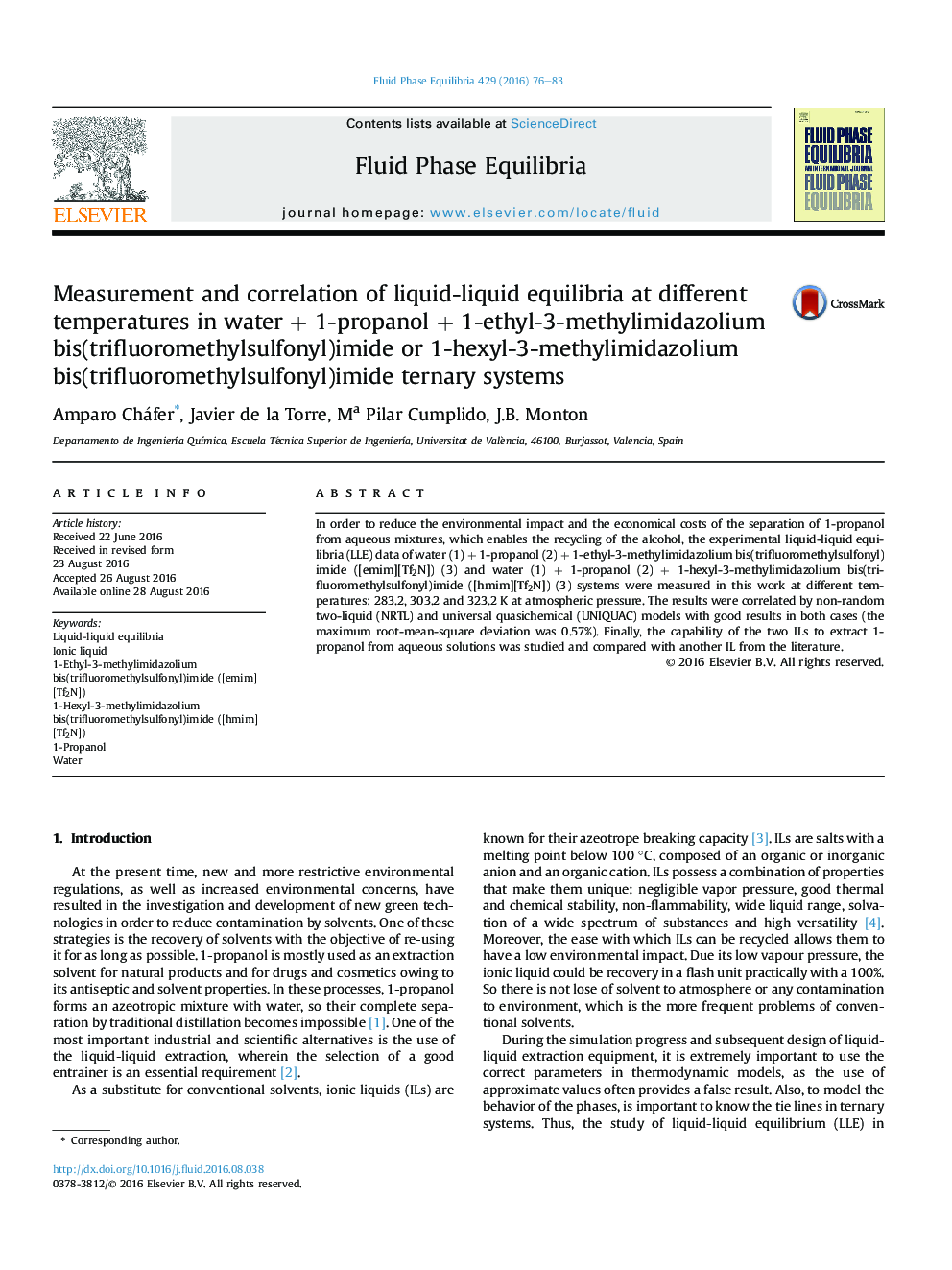 Measurement and correlation of liquid-liquid equilibria at different temperatures in waterÂ + 1-propanolÂ + 1-ethyl-3-methylimidazolium bis(trifluoromethylsulfonyl)imide or 1-hexyl-3-methylimidazolium bis(trifluoromethylsulfonyl)imide ternary systems