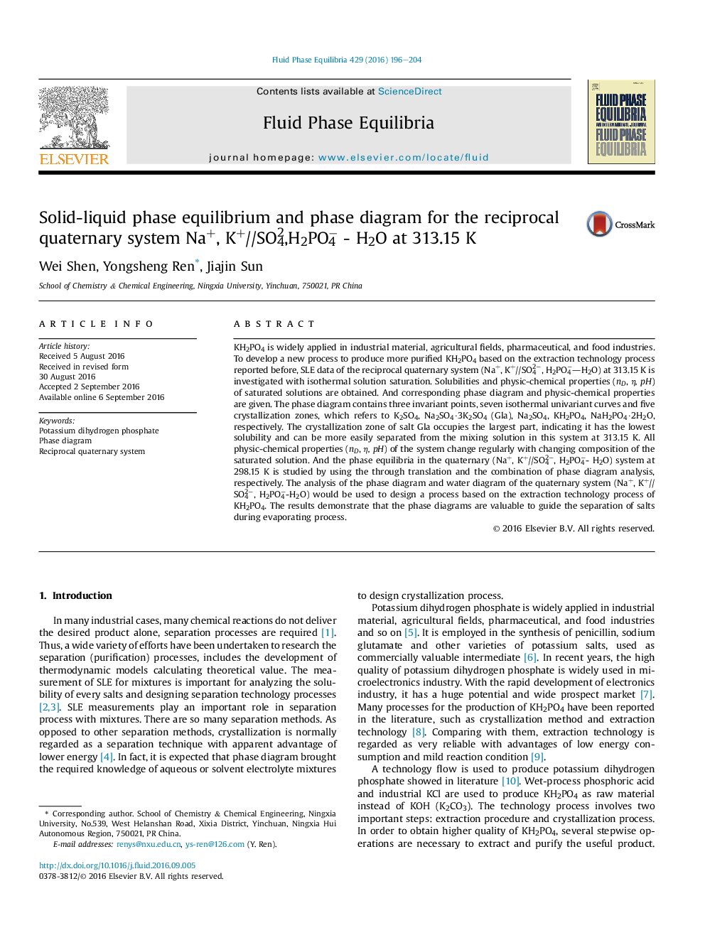 Solid-liquid phase equilibrium and phase diagram for the reciprocal quaternary system Na+, K+//SO42,H2PO4â - H2O at 313.15Â K