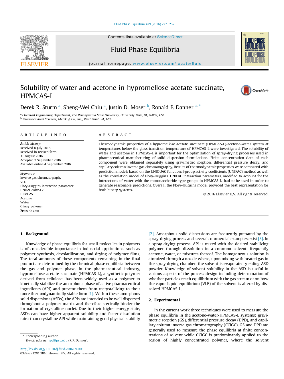 Solubility of water and acetone in hypromellose acetate succinate, HPMCAS-L