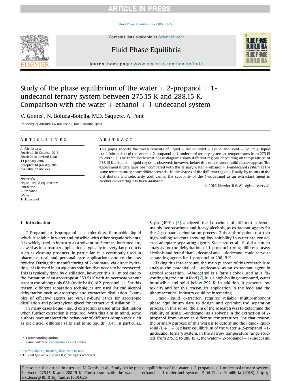 Study of the phase equilibrium of the waterÂ +Â 2-propanolÂ +Â 1-undecanol ternary system between 275.15Â K and 288.15Â K. Comparison with the waterÂ +Â ethanolÂ +Â 1-undecanol system