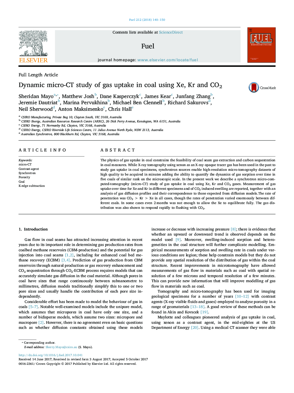 Dynamic micro-CT study of gas uptake in coal using Xe, Kr and CO2