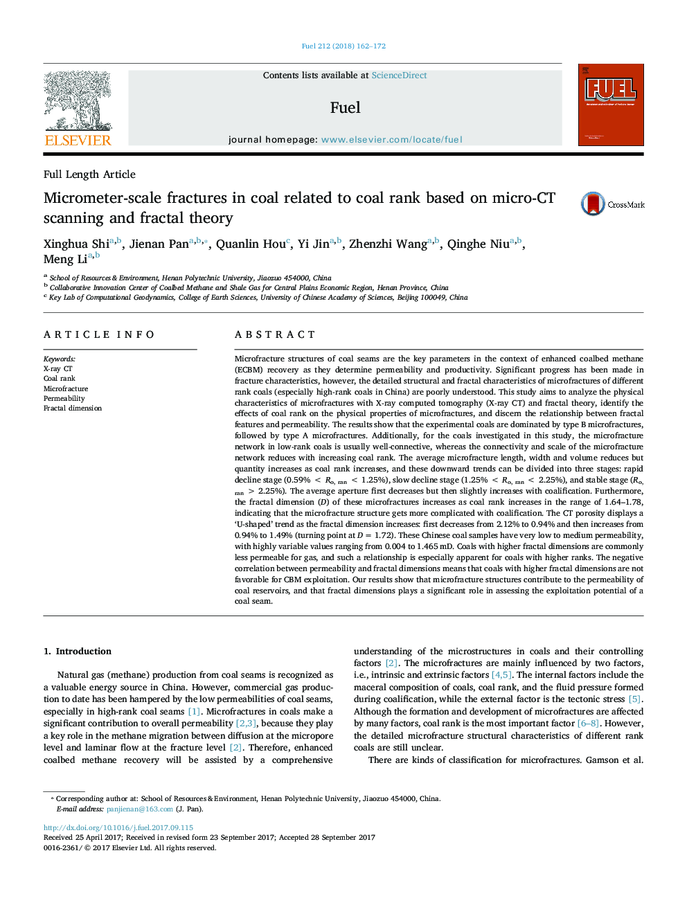 Micrometer-scale fractures in coal related to coal rank based on micro-CT scanning and fractal theory