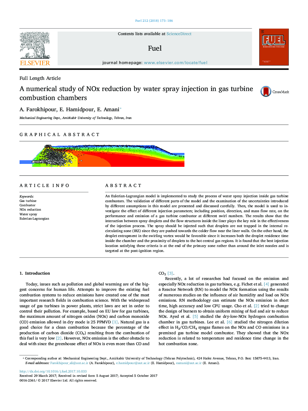 A numerical study of NOx reduction by water spray injection in gas turbine combustion chambers