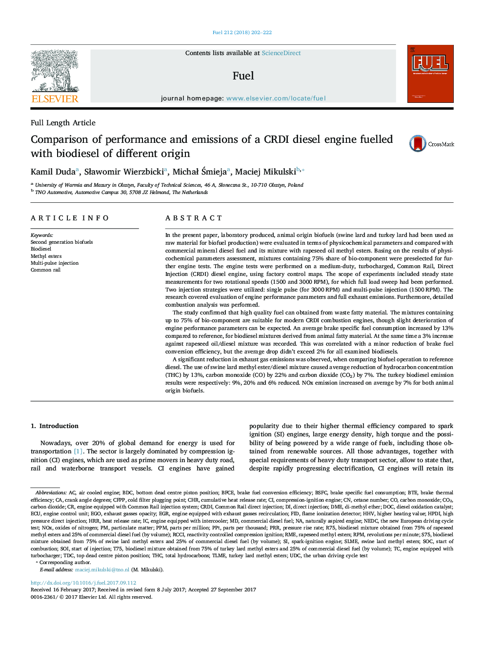 Comparison of performance and emissions of a CRDI diesel engine fuelled with biodiesel of different origin