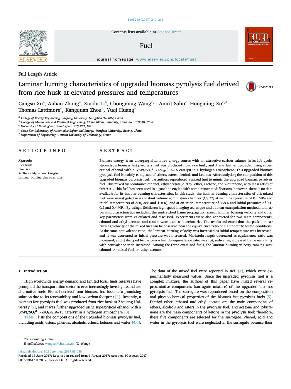 Laminar burning characteristics of upgraded biomass pyrolysis fuel derived from rice husk at elevated pressures and temperatures