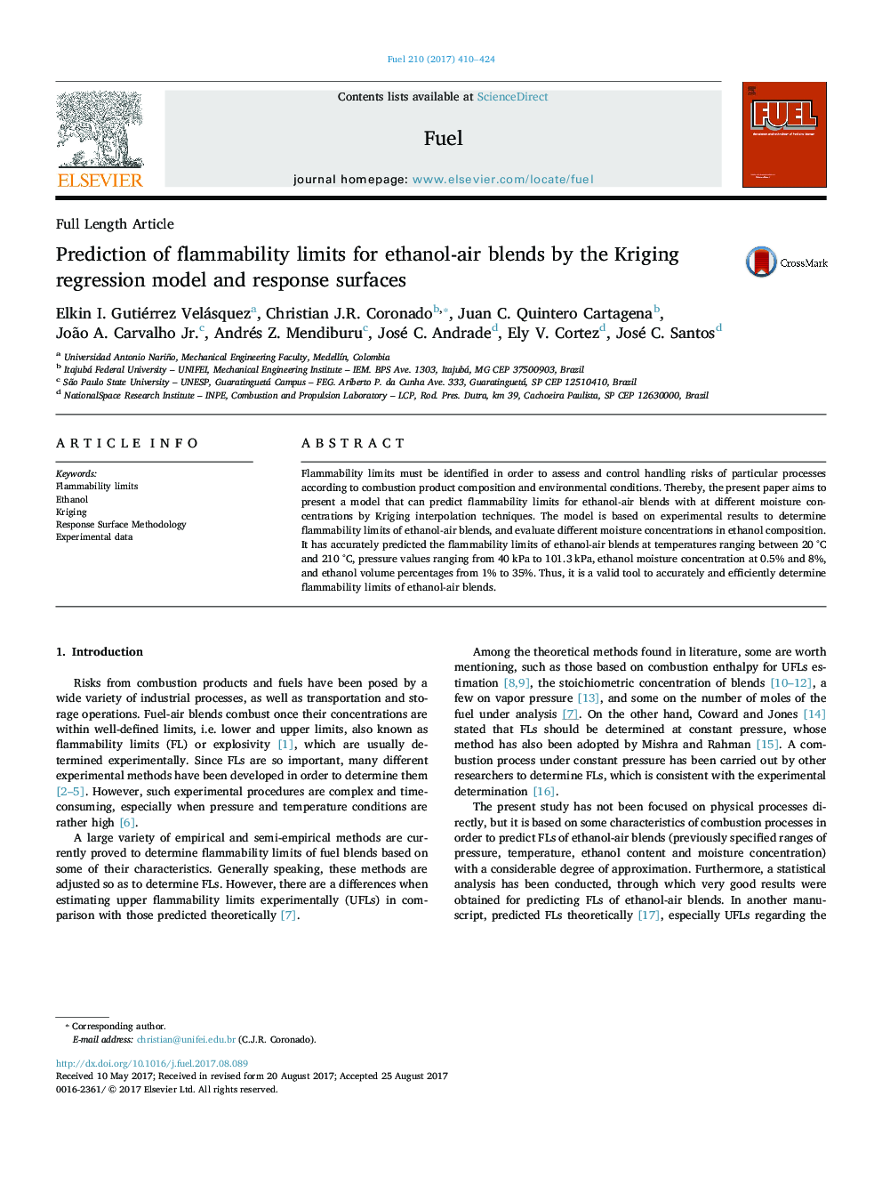 Prediction of flammability limits for ethanol-air blends by the Kriging regression model and response surfaces