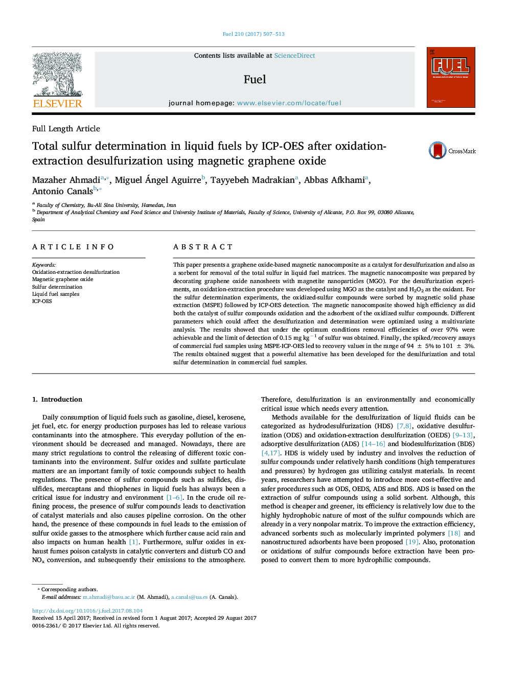 Total sulfur determination in liquid fuels by ICP-OES after oxidation-extraction desulfurization using magnetic graphene oxide