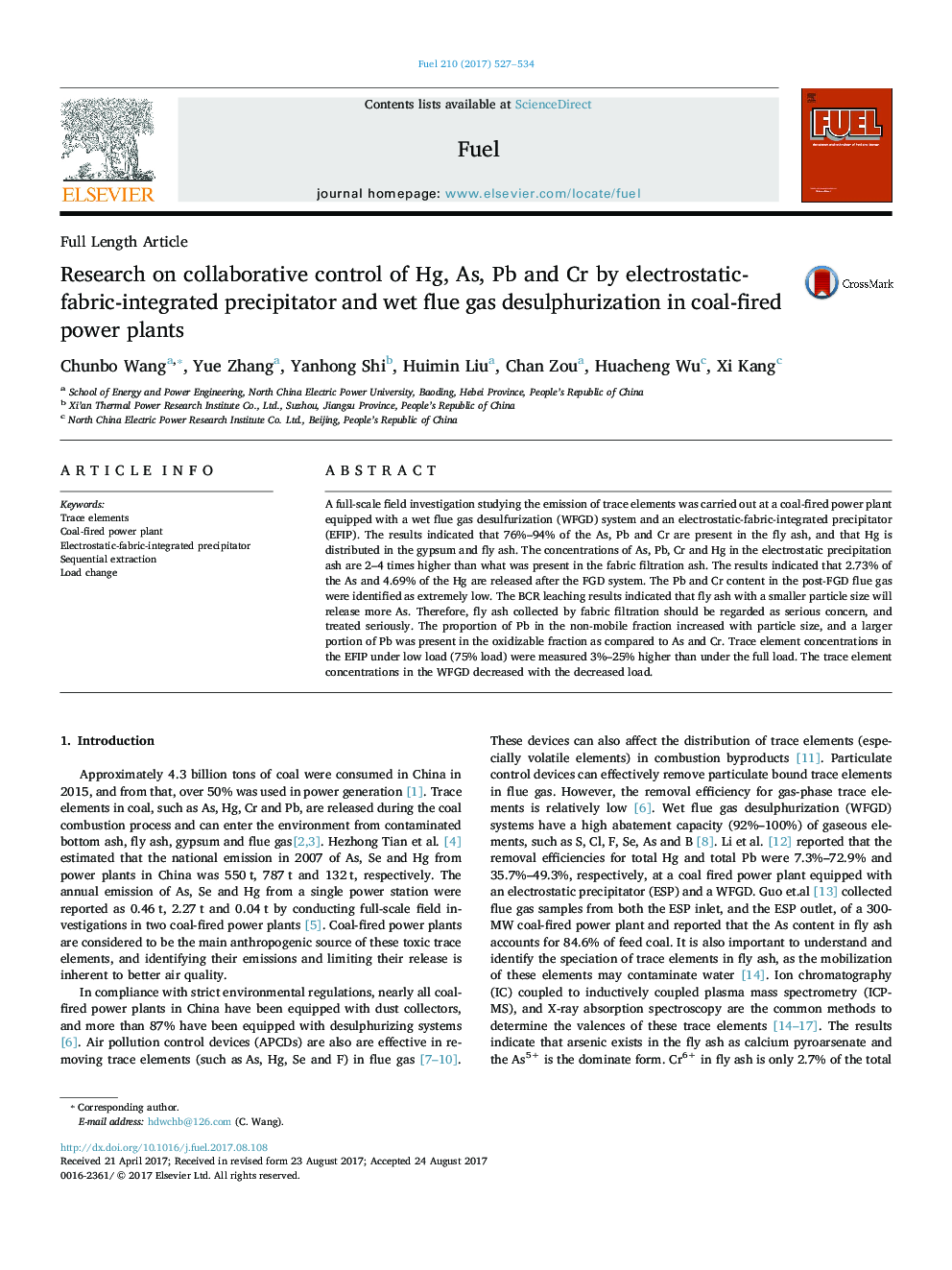 Research on collaborative control of Hg, As, Pb and Cr by electrostatic-fabric-integrated precipitator and wet flue gas desulphurization in coal-fired power plants