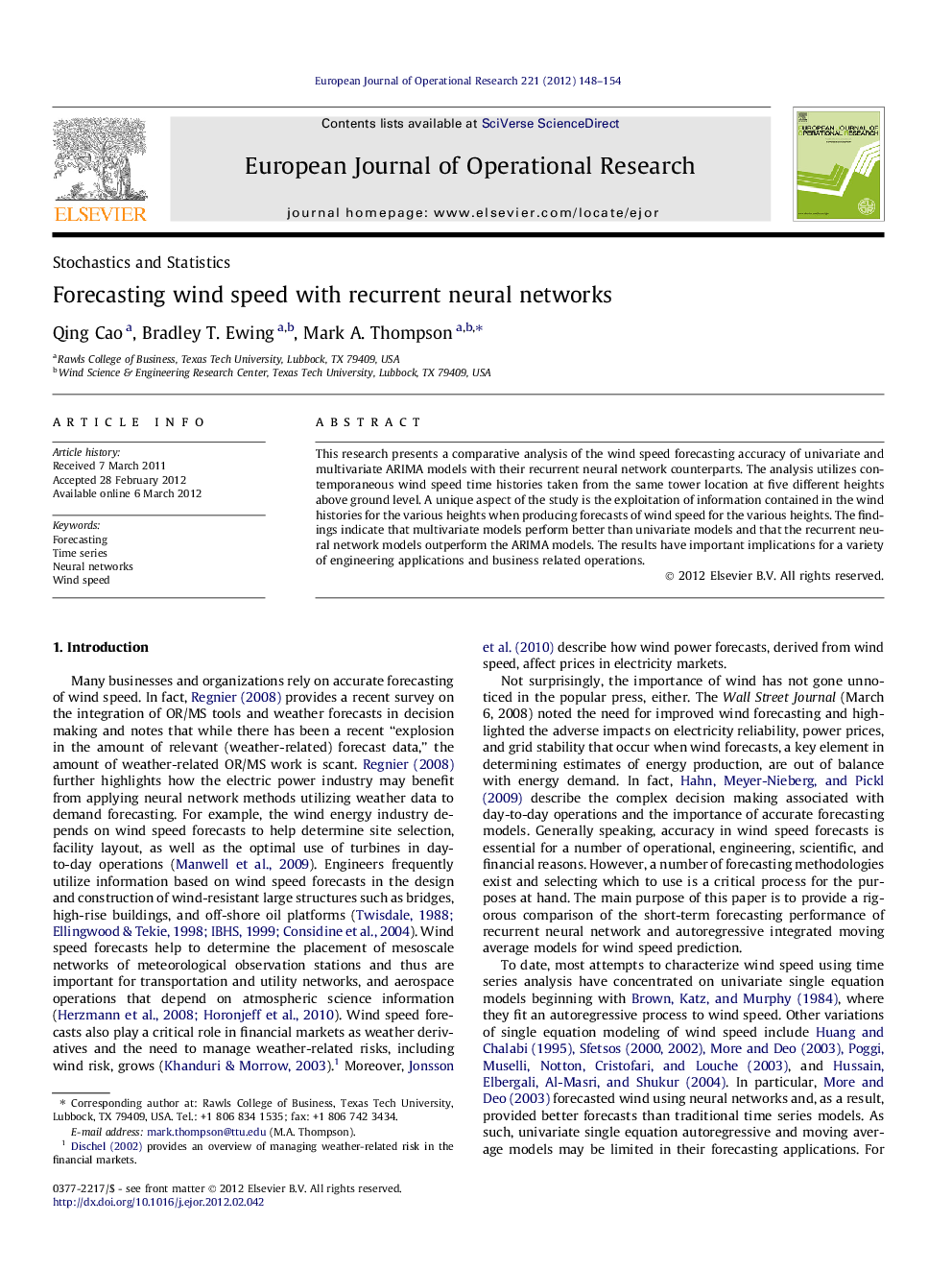 Forecasting wind speed with recurrent neural networks