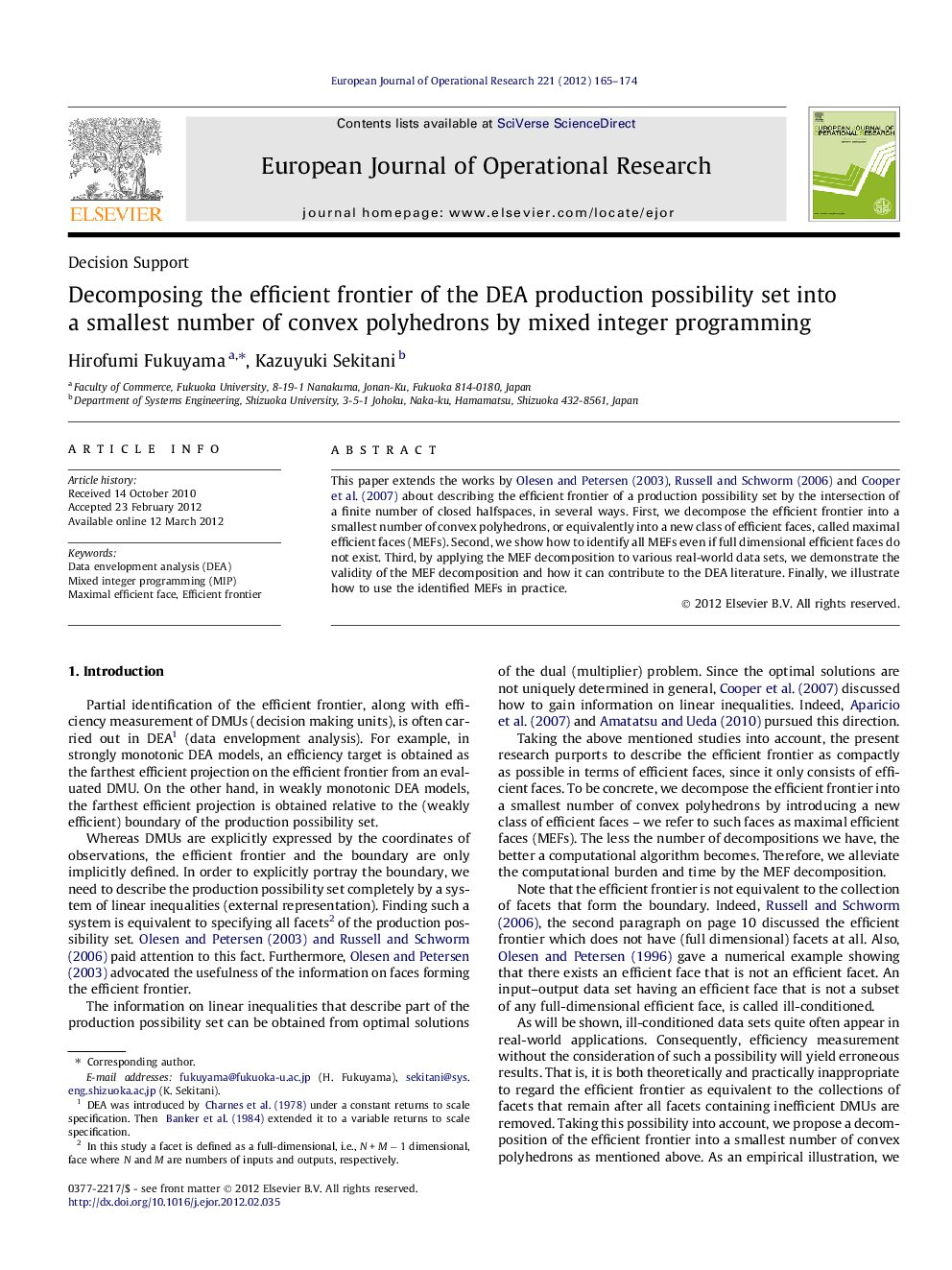 Decomposing the efficient frontier of the DEA production possibility set into a smallest number of convex polyhedrons by mixed integer programming