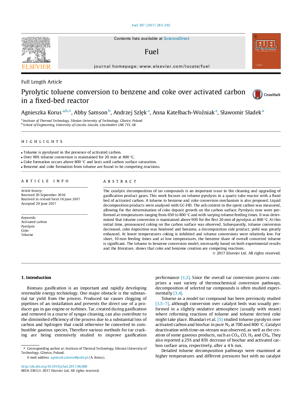 Pyrolytic toluene conversion to benzene and coke over activated carbon in a fixed-bed reactor