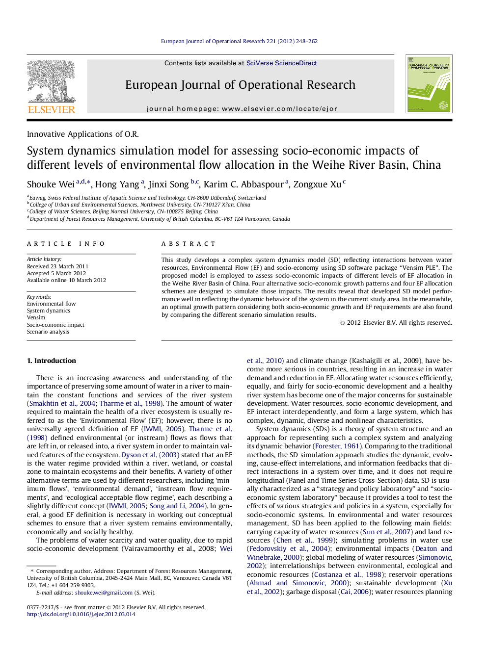 System dynamics simulation model for assessing socio-economic impacts of different levels of environmental flow allocation in the Weihe River Basin, China