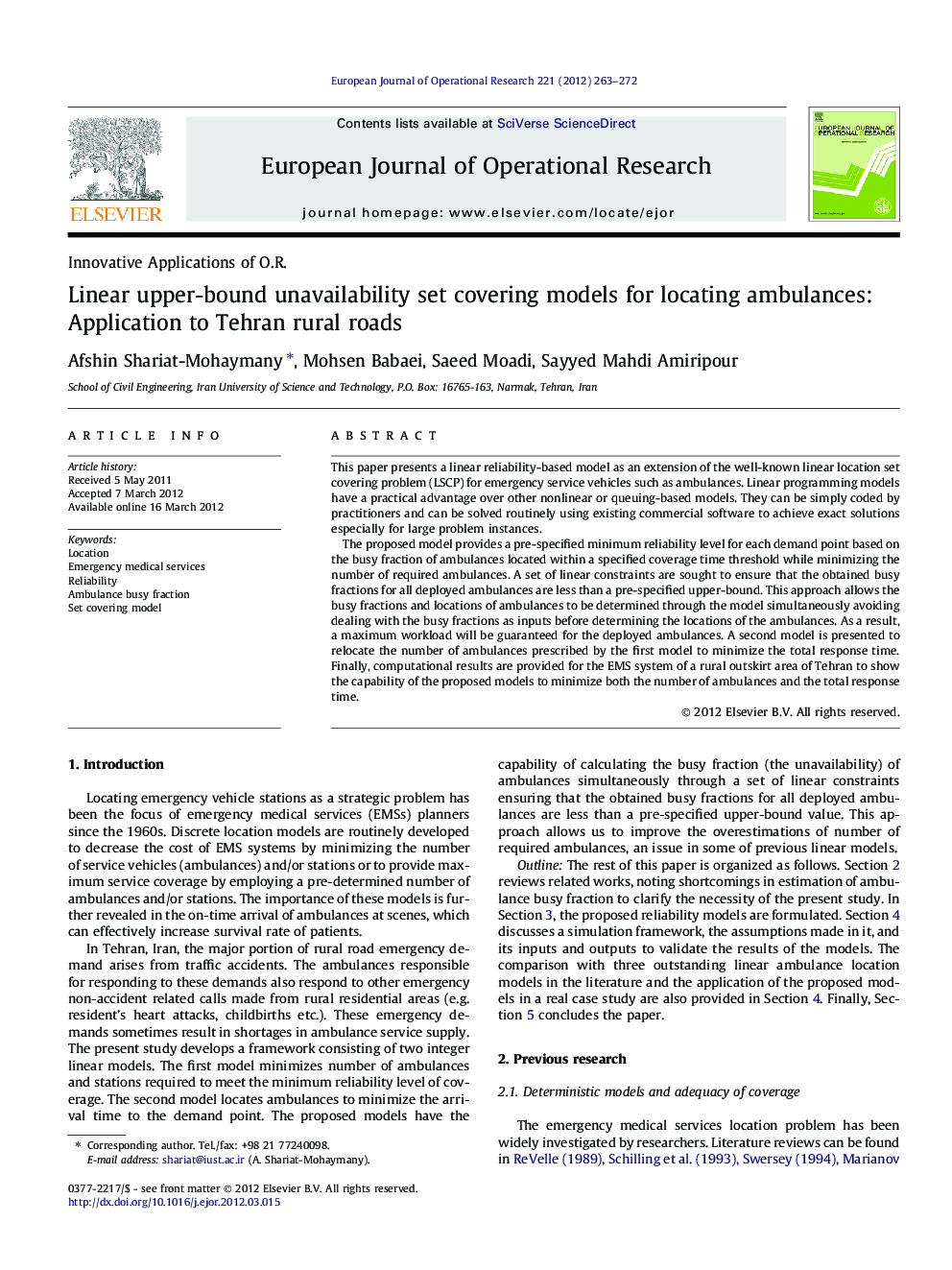 Linear upper-bound unavailability set covering models for locating ambulances: Application to Tehran rural roads