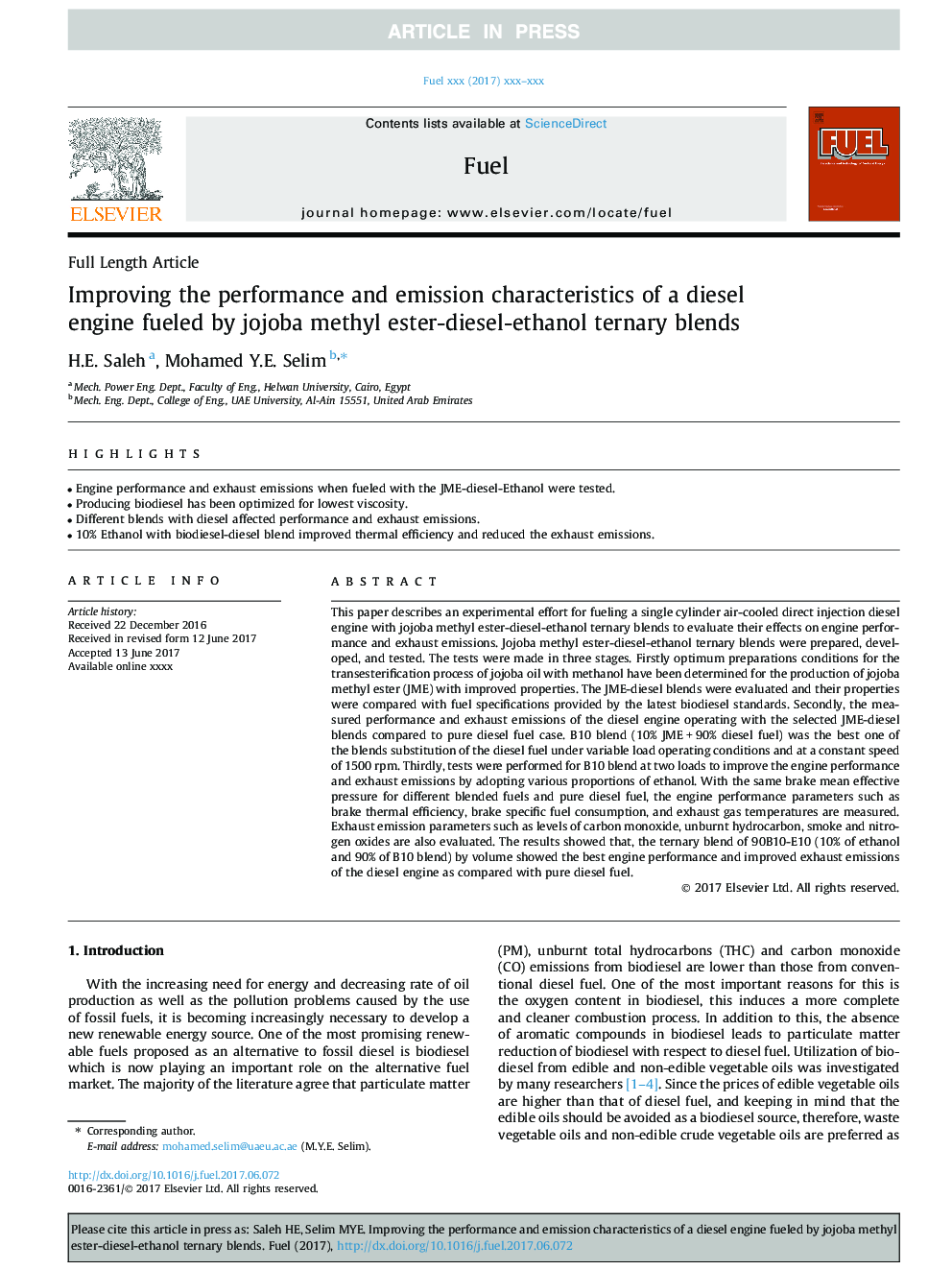 Improving the performance and emission characteristics of a diesel engine fueled by jojoba methyl ester-diesel-ethanol ternary blends