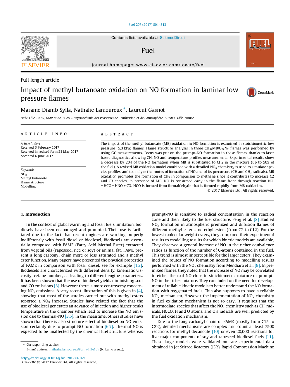 Impact of methyl butanoate oxidation on NO formation in laminar low pressure flames