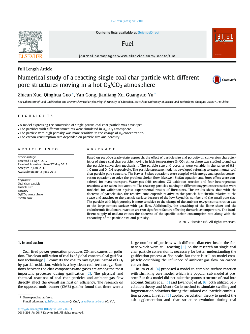 Full Length ArticleNumerical study of a reacting single coal char particle with different pore structures moving in a hot O2/CO2 atmosphere