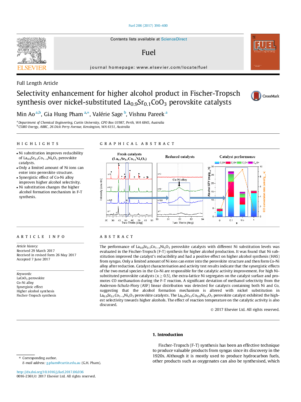 Selectivity enhancement for higher alcohol product in Fischer-Tropsch synthesis over nickel-substituted La0.9Sr0.1CoO3 perovskite catalysts