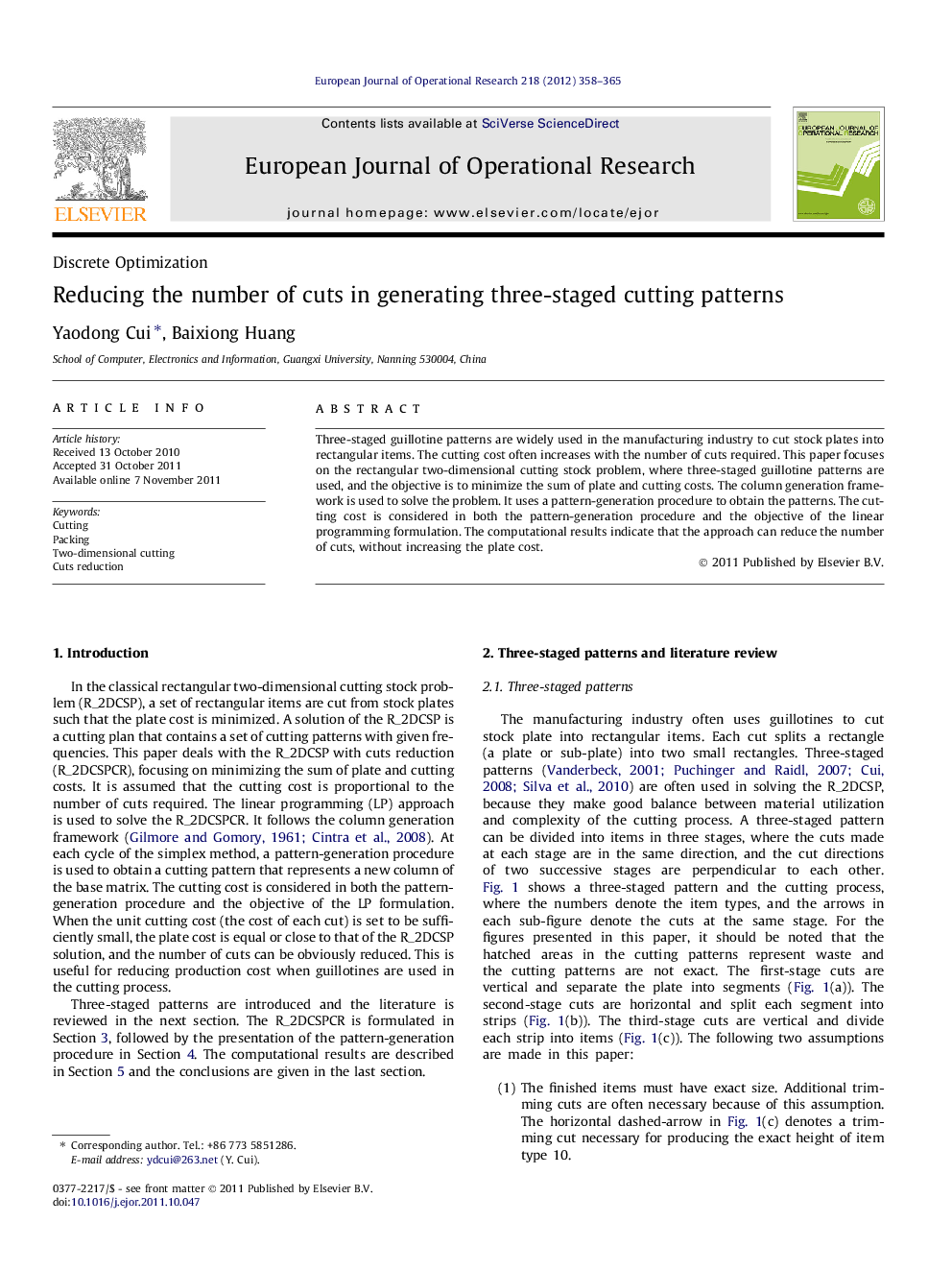 Reducing the number of cuts in generating three-staged cutting patterns