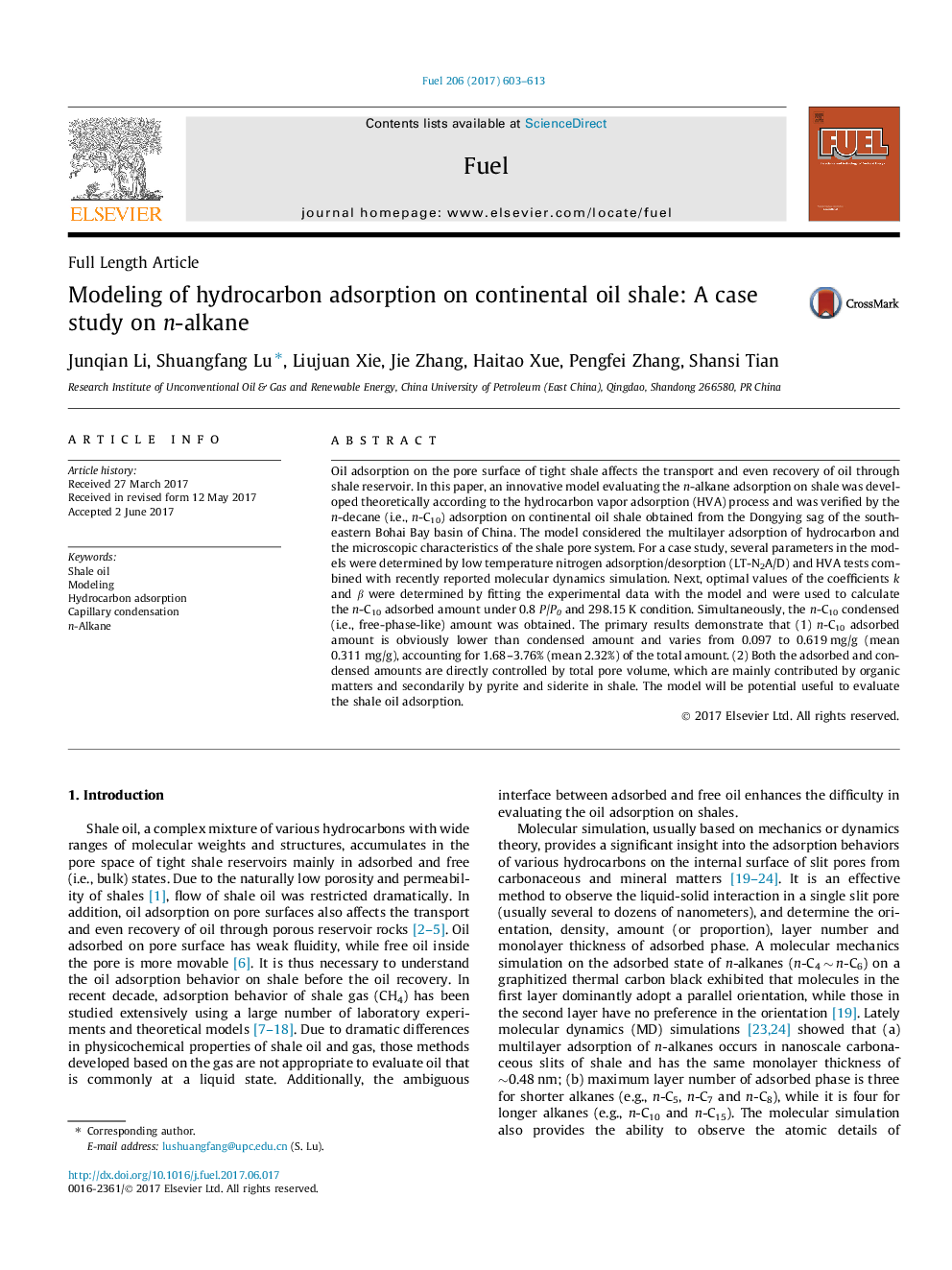 Modeling of hydrocarbon adsorption on continental oil shale: A case study on n-alkane